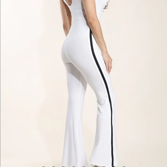 White Black Stripe Catsuit Jumper Romper Stretch - Picture 5 of 5